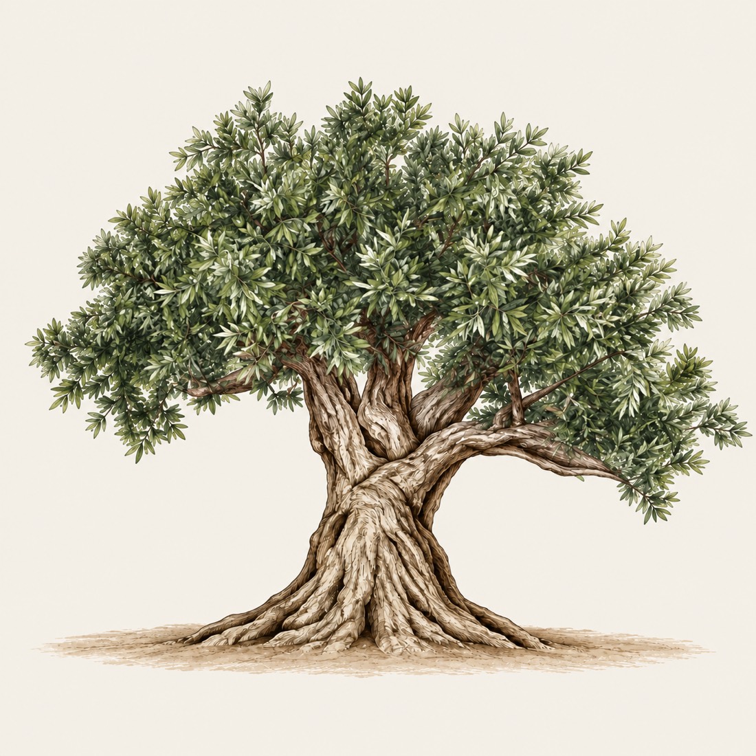 An ancient olive tree with a twisting trunk and a broad canopy, the Zytun emblem